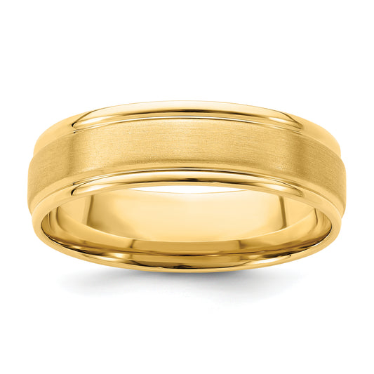 14K Yellow Gold 6mm Lightweight Comfort Fit Brushed Satin/Polished Grooved Edge Wedding Band