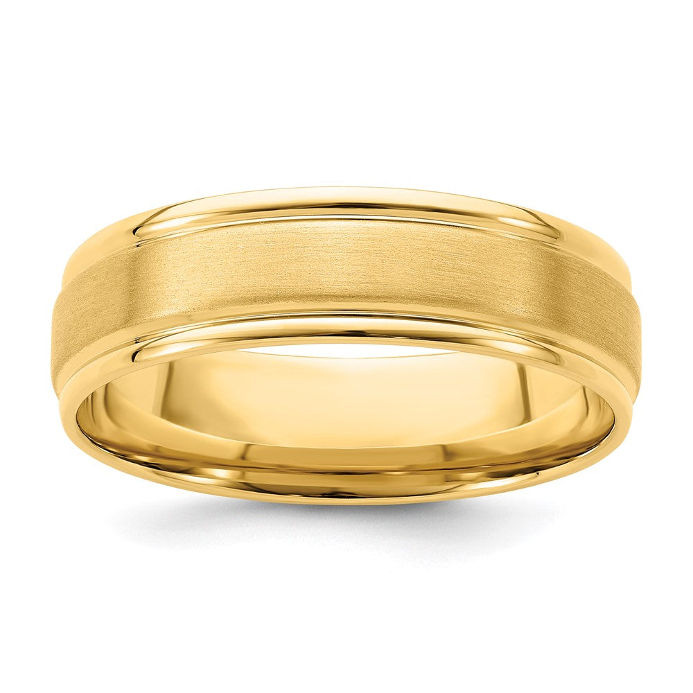 14K Yellow Gold 6mm Lightweight Comfort Fit Brushed Satin/Polished Grooved Edge Wedding Band