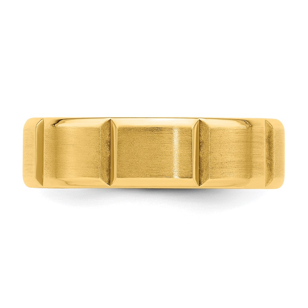 14K Yellow Gold 6mm Lightweight Comfort Fit Brushed/Polished Beveled Edge With Vertical Lines Wedding Band