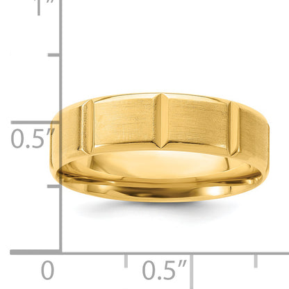 14K Yellow Gold 6mm Standard Weight Comfort Fit Brushed/Polished Beveled Edge With Vertical Lines Wedding Band