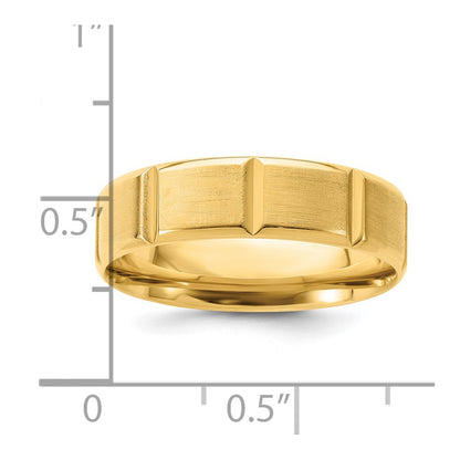 14K Yellow Gold 6mm Lightweight Comfort Fit Brushed/Polished Beveled Edge With Vertical Lines Wedding Band