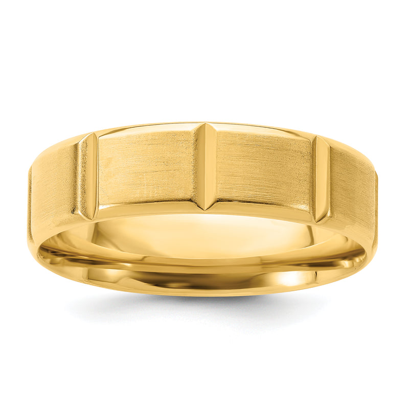 14K Yellow Gold 6mm Heavyweight Comfort Fit Brushed/Polished Beveled Edge With Vertical Lines Wedding Band