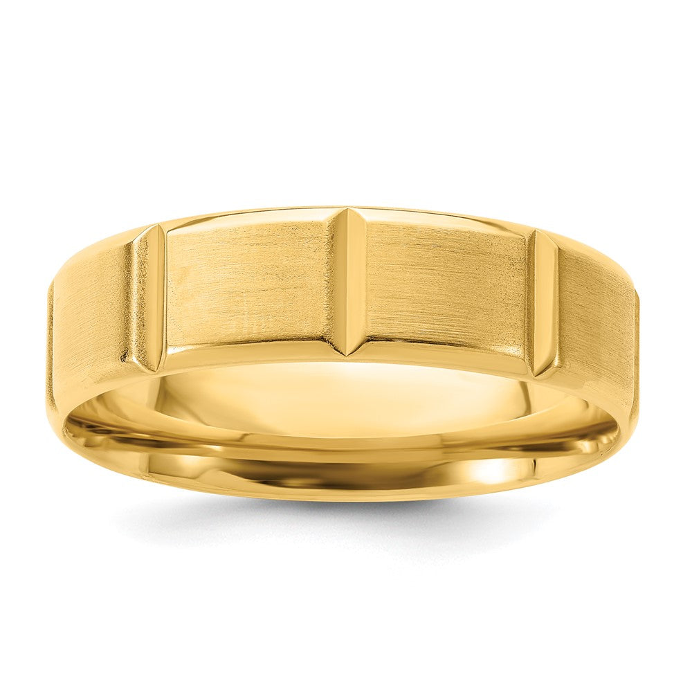 14K Yellow Gold 6mm Lightweight Comfort Fit Brushed/Polished Beveled Edge With Vertical Lines Wedding Band