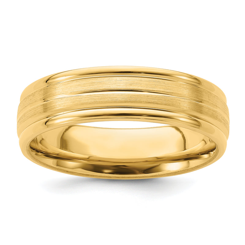 14K Yellow Gold 6mm Lightweight Comfort Fit Brushed Satin With Center Line Fancy Wedding Band