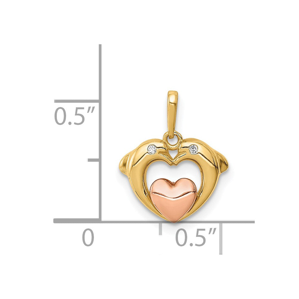 14k Two-tone 14K Two-tone CZ Dolphins with Heart Pendant