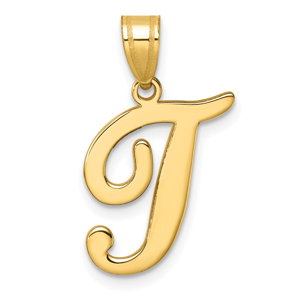 14K Yellow Gold Script Letter T Initial Pendant