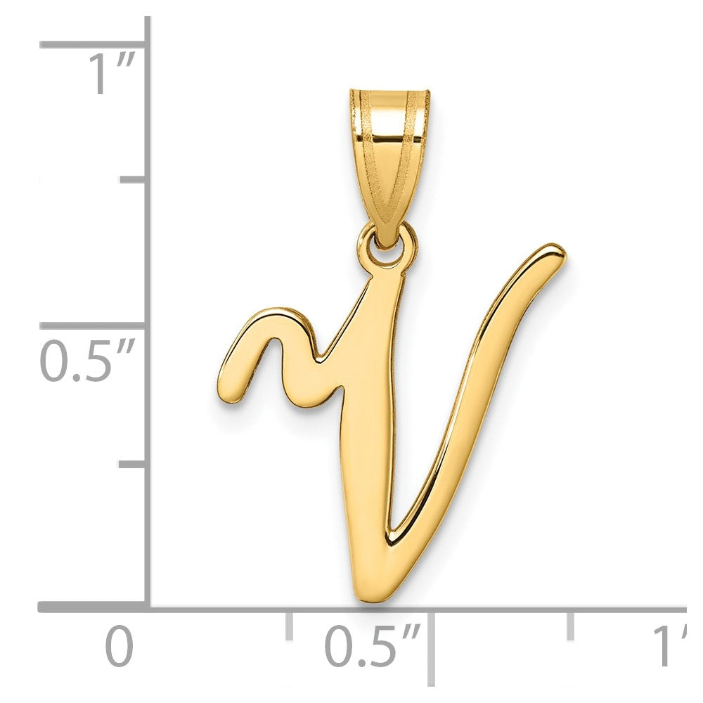 14K Yellow Gold Script Letter V Initial Pendant