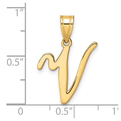 14K Yellow Gold Script Letter V Initial Pendant