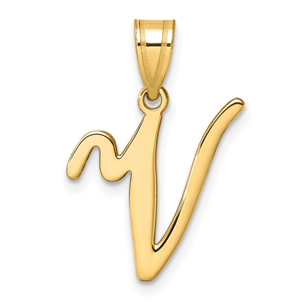 14K Yellow Gold Script Letter V Initial Pendant