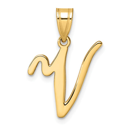 14K Yellow Gold Script Letter V Initial Pendant