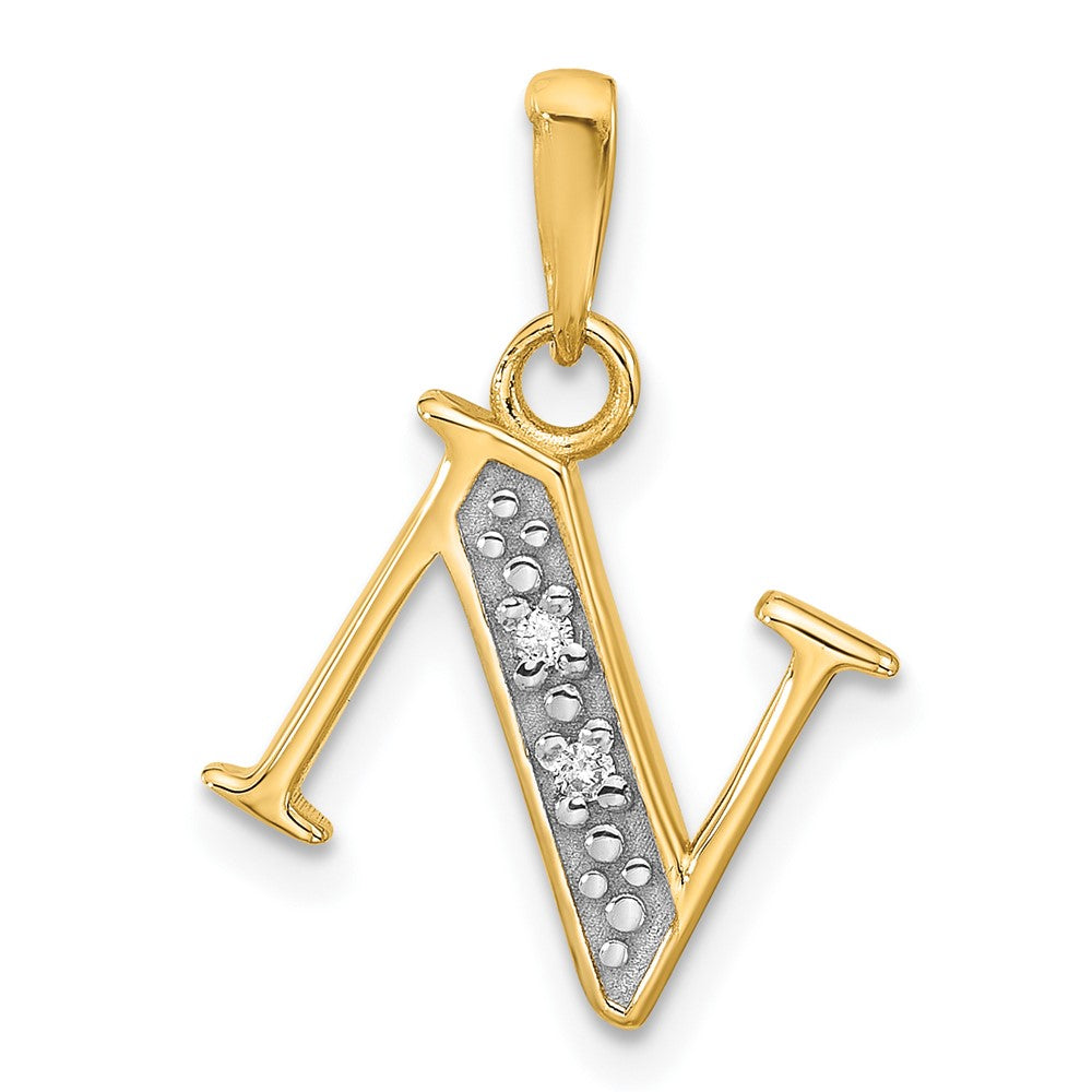 14K Yellow & Rhodium with Rhodium Diamond Letter N Initial Pendant