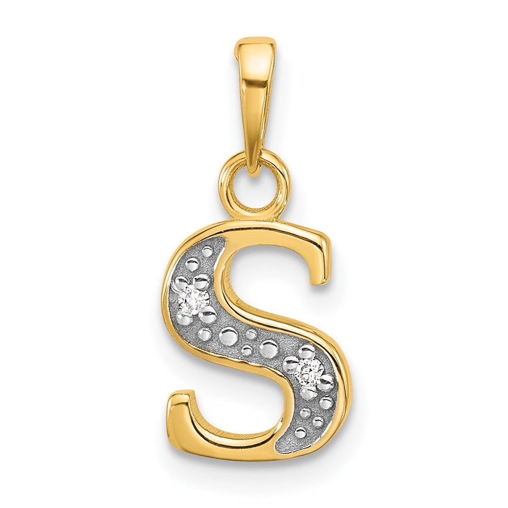 14K Yellow & Rhodium with Rhodium Diamond Letter S Initial Pendant