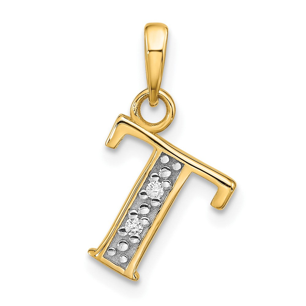 14K Yellow & Rhodium with Rhodium Diamond Letter T Initial Pendant
