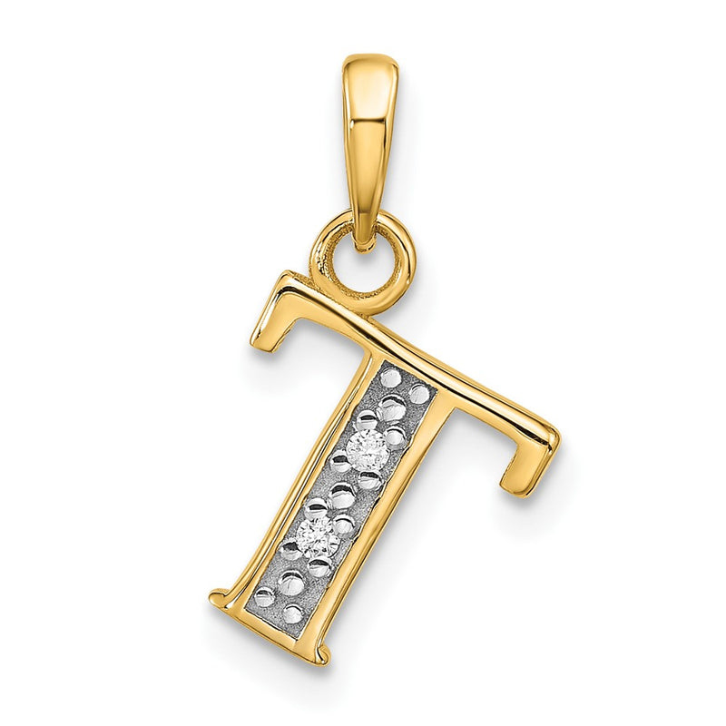 14K Yellow & Rhodium with Rhodium Diamond Letter T Initial Pendant