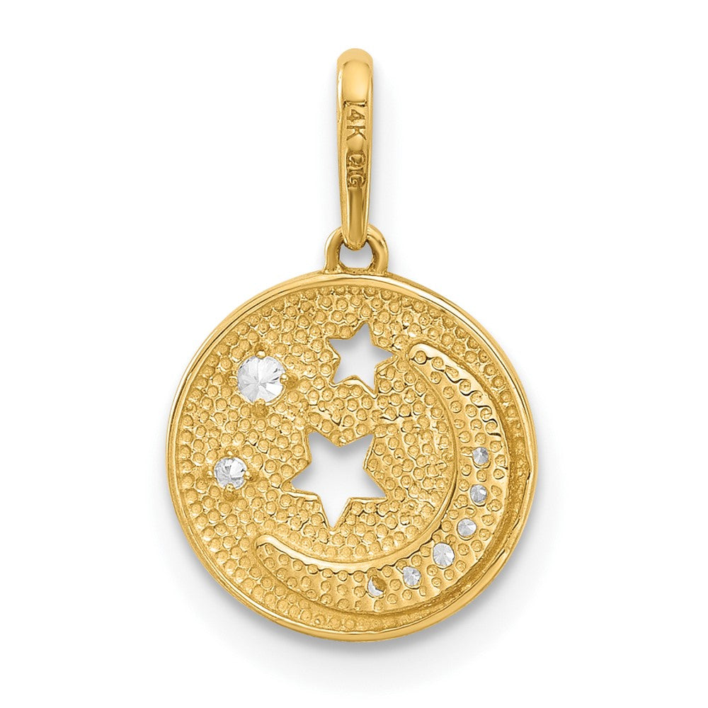 14K Yellow Gold Polished CZ Moon and Stars in Disc Pendant