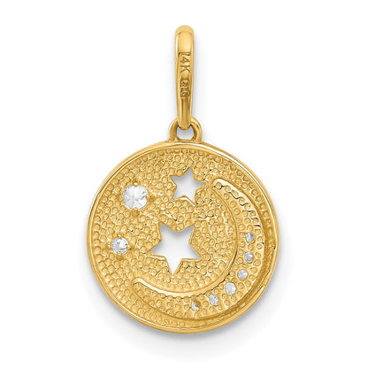14K Yellow Gold Polished CZ Moon and Stars in Disc Pendant