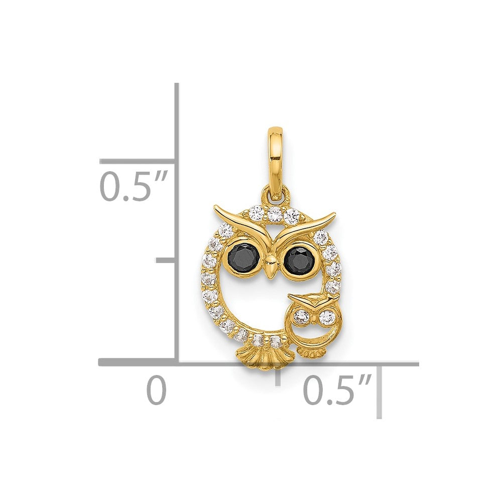 14K Yellow Gold Polished Black and White CZ Mommy and Baby Owl Pendant