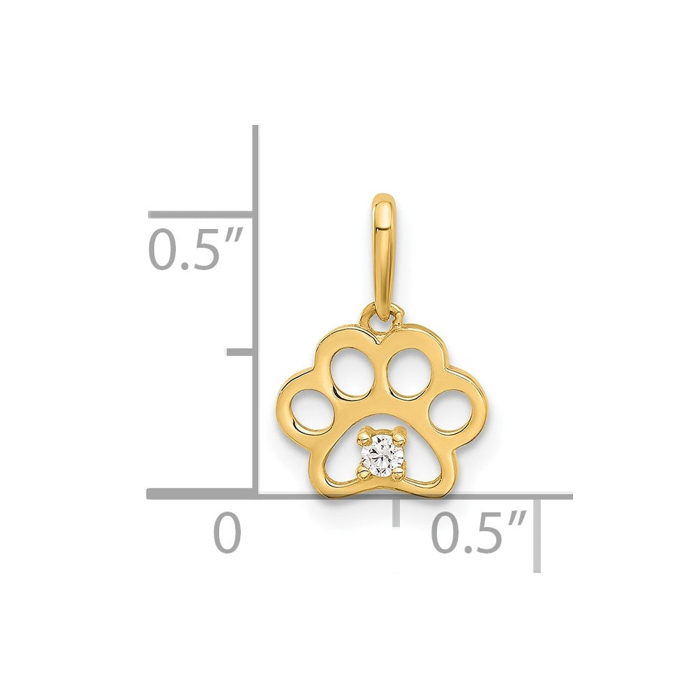14K Yellow Gold Polished CZ Paw Print Pendant