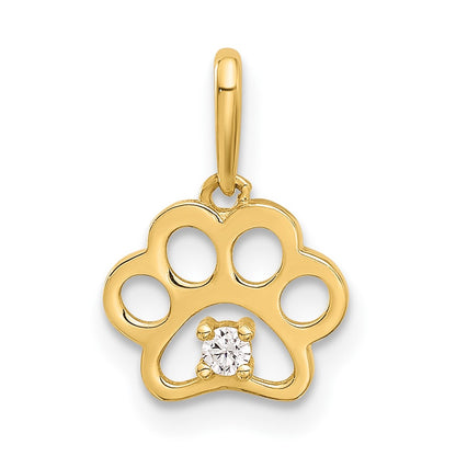 14K Yellow Gold Polished CZ Paw Print Pendant