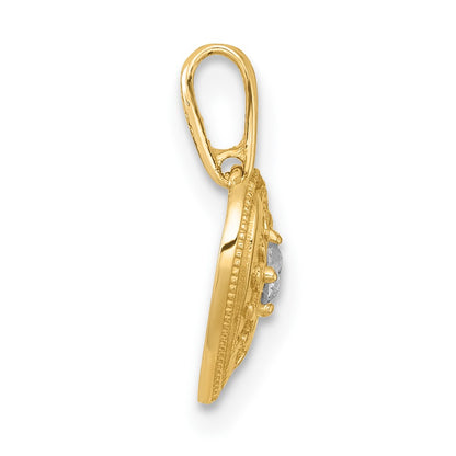 14K Yellow Gold Polished and Textured CZ Floral Heart Pendant