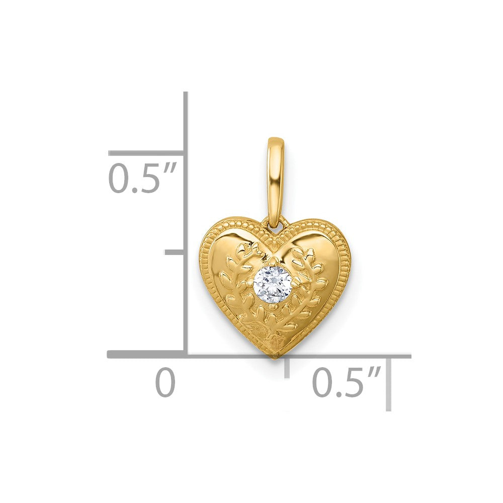14K Yellow Gold Polished and Textured CZ Floral Heart Pendant