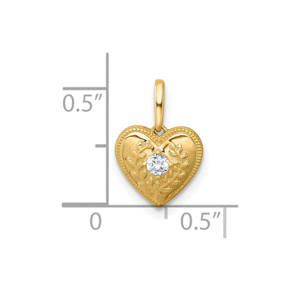 14K Yellow Gold Polished and Textured CZ Floral Heart Pendant