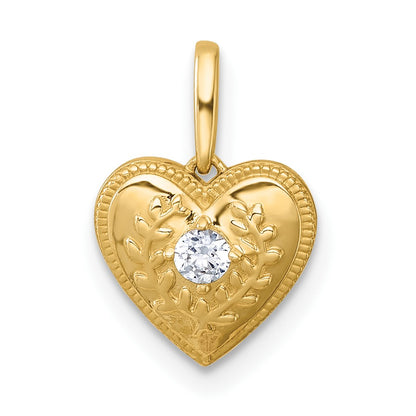 14K Yellow Gold Polished and Textured CZ Floral Heart Pendant