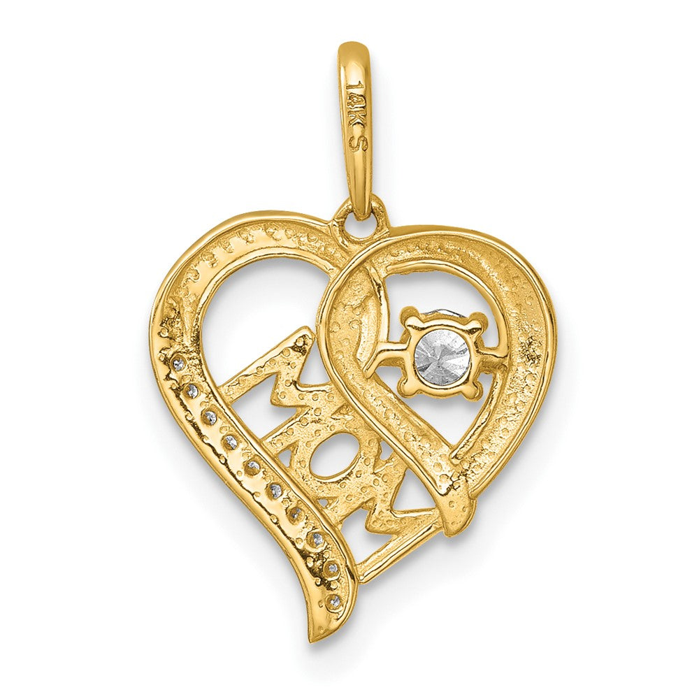 14K Yellow Gold Polished CZ Mom Heart Charm