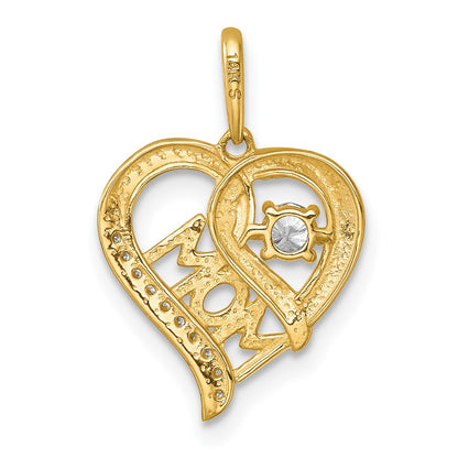 14K Yellow Gold Polished CZ Mom Heart Charm