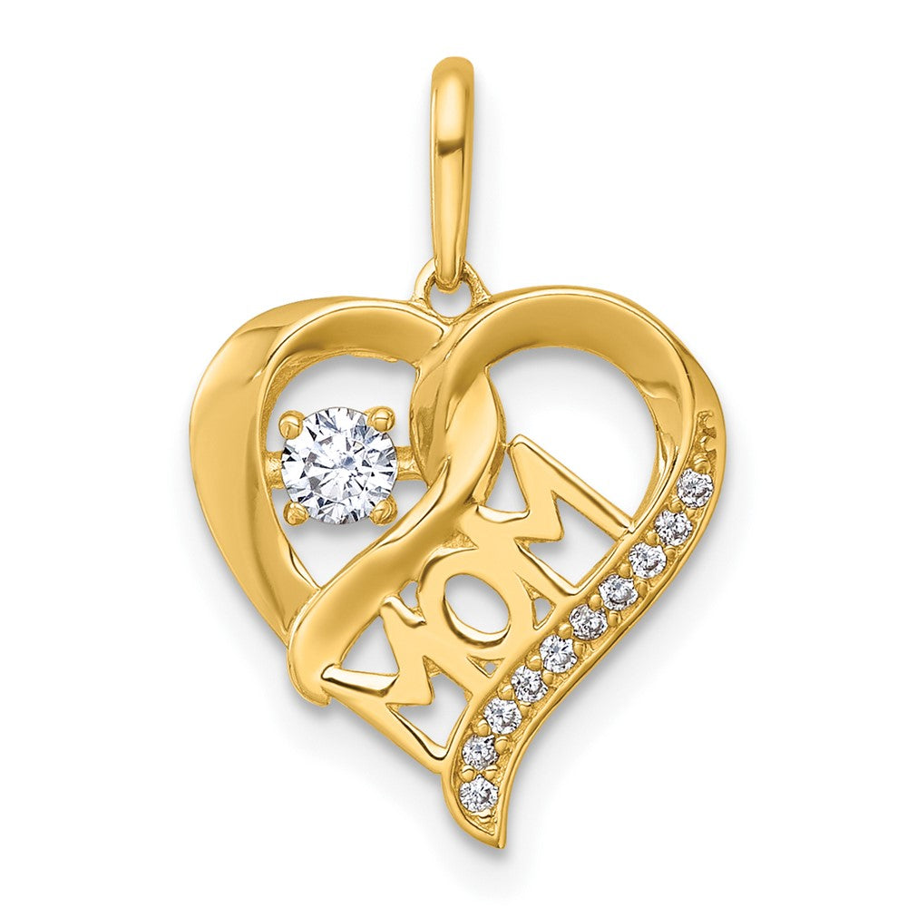 14K Yellow Gold Polished CZ Mom Heart Charm