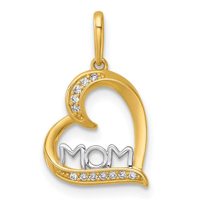 14K Yellow & Rhodium and Rhodium-Plated Polished CZ Mom Heart Pendant
