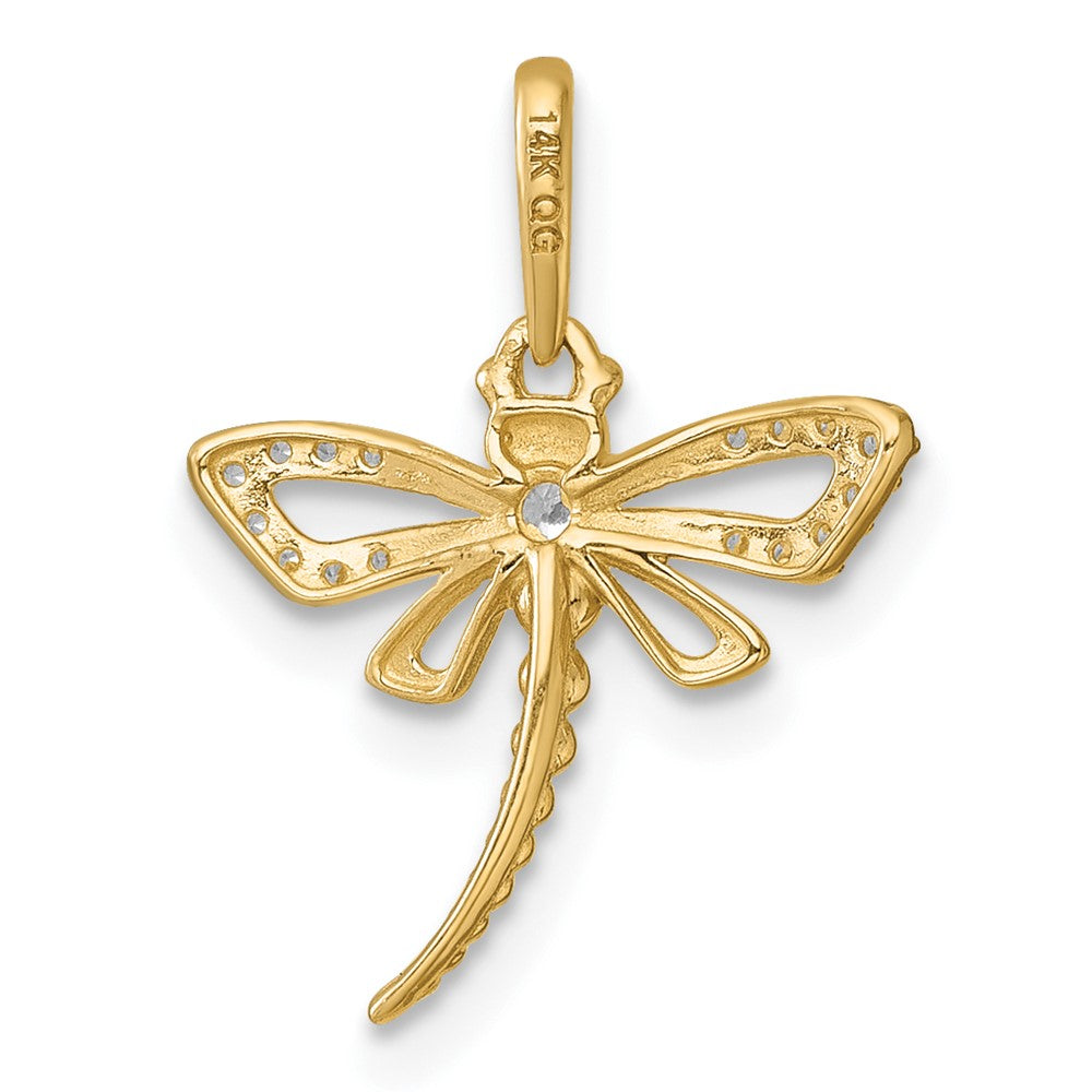 14K Yellow Gold Polished and Beaded CZ Dragonfly Pendant