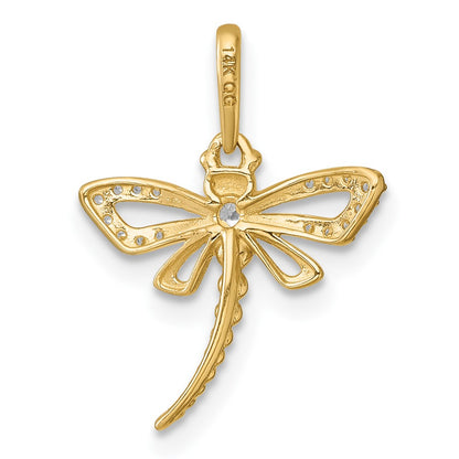 14K Yellow Gold Polished and Beaded CZ Dragonfly Pendant