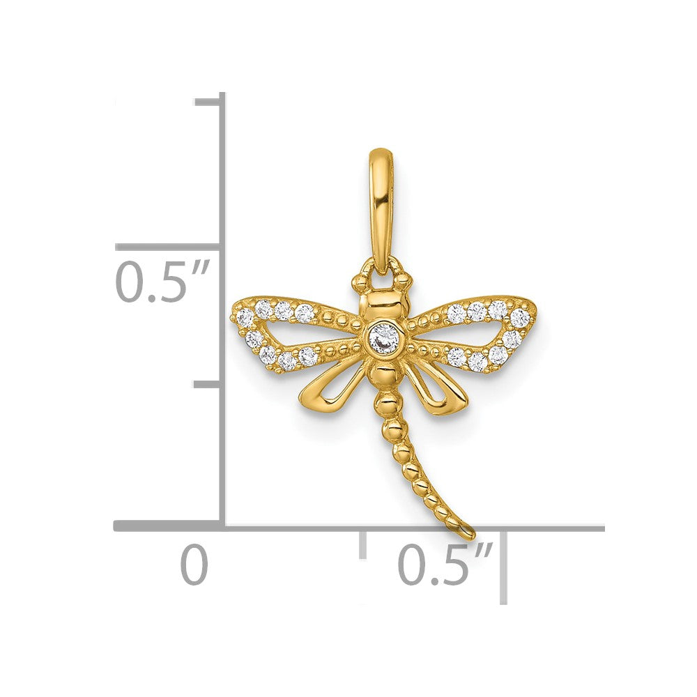 14K Yellow Gold Polished and Beaded CZ Dragonfly Pendant