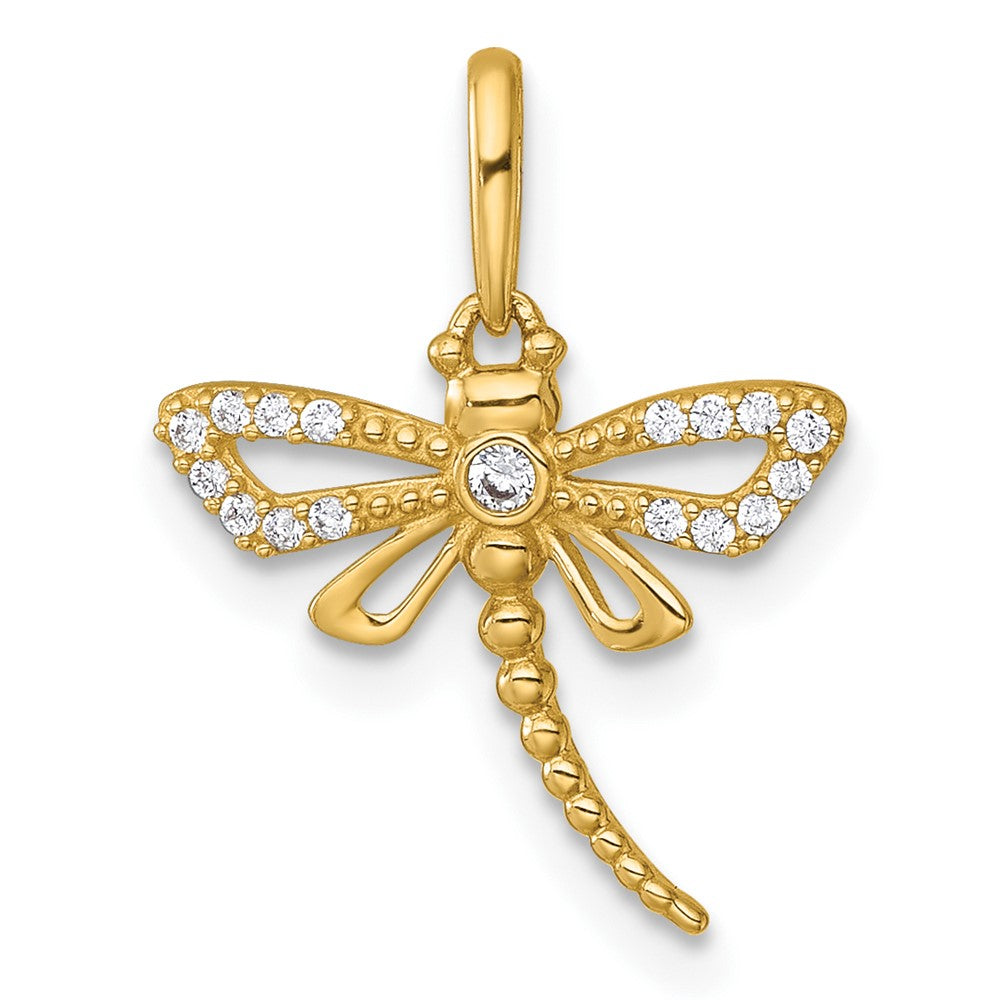 14K Yellow Gold Polished and Beaded CZ Dragonfly Pendant