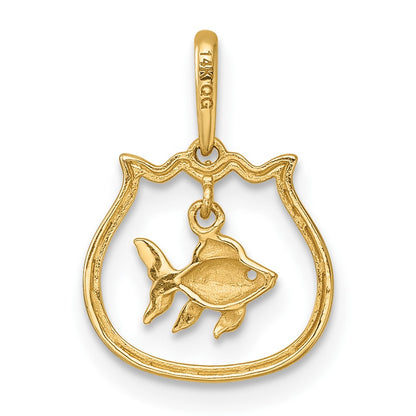 14K Yellow Gold Polished Fish Bowl with Dangling Fish Pendant