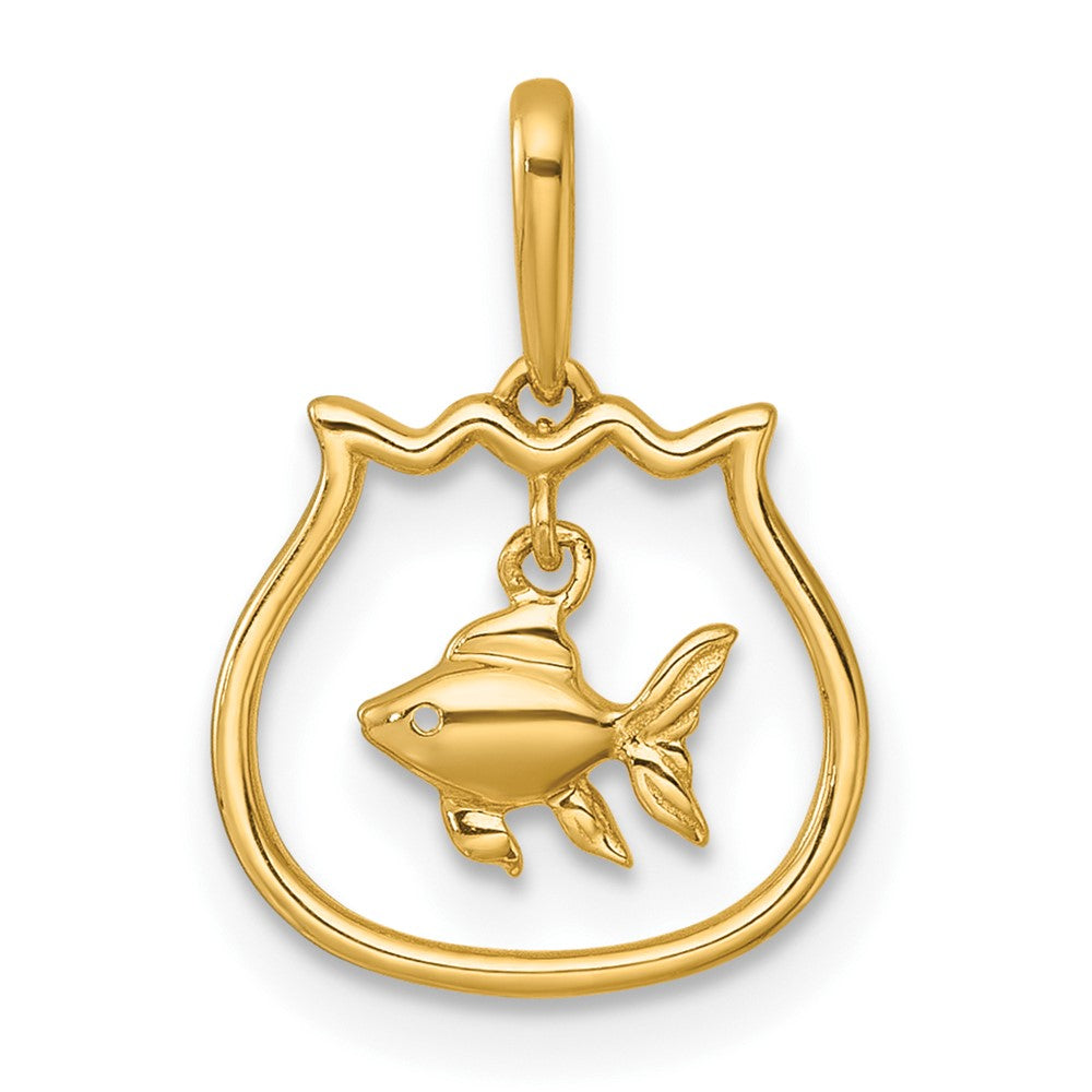 14K Yellow Gold Polished Fish Bowl with Dangling Fish Pendant