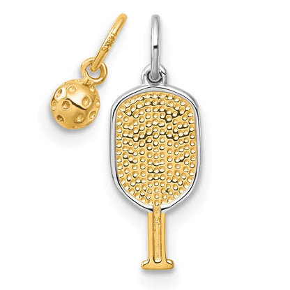 14K Yellow & Rhodium W/white Rhodium Pickleball Paddle and Ball 2 Piece Pendant Set