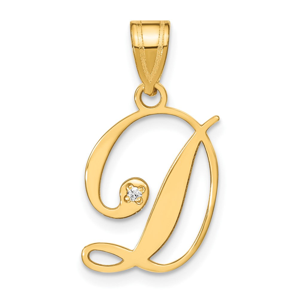 14K Yellow Gold Script Letter D Initial Pendant with Diamond