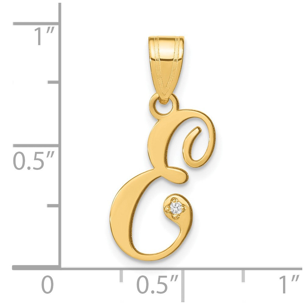 14K Yellow Gold Script Letter E Initial Pendant with Diamond