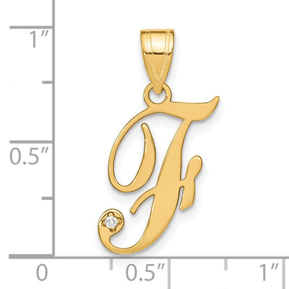 14K Yellow Gold Script Letter F Initial Pendant with Diamond