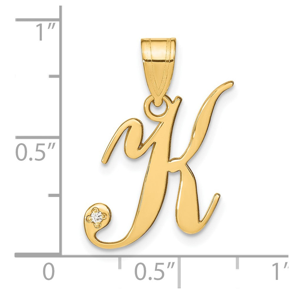 14K Yellow Gold Script Letter K Initial Pendant with Diamond
