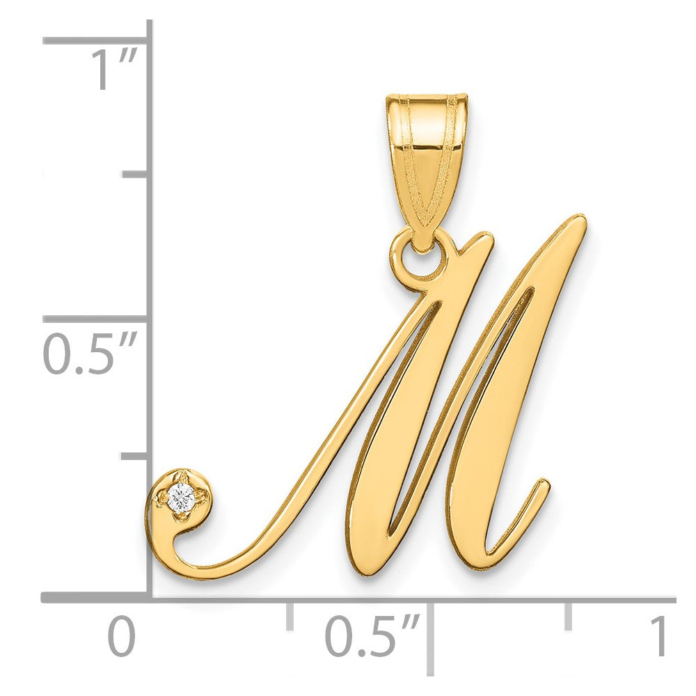 14K Yellow Gold Script Letter M Initial Pendant with Diamond