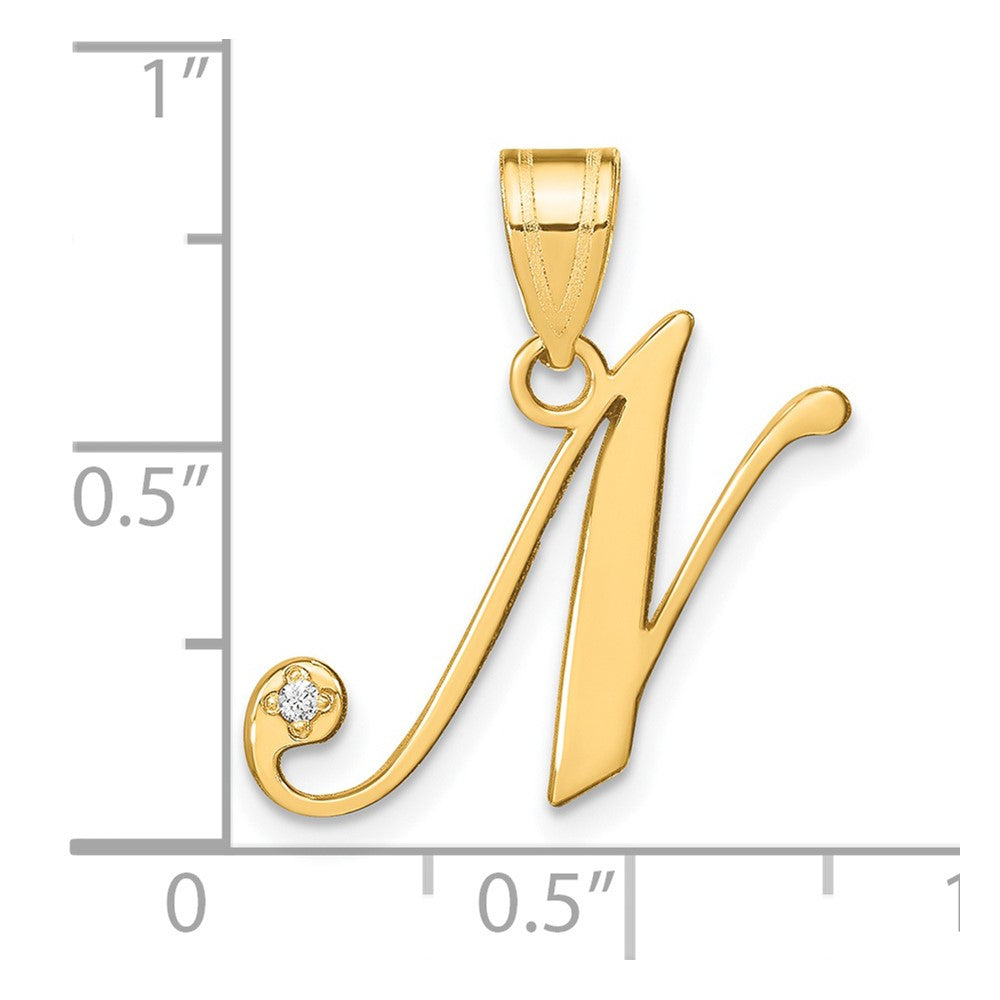 14K Yellow Gold Script Letter N Initial Pendant with Diamond