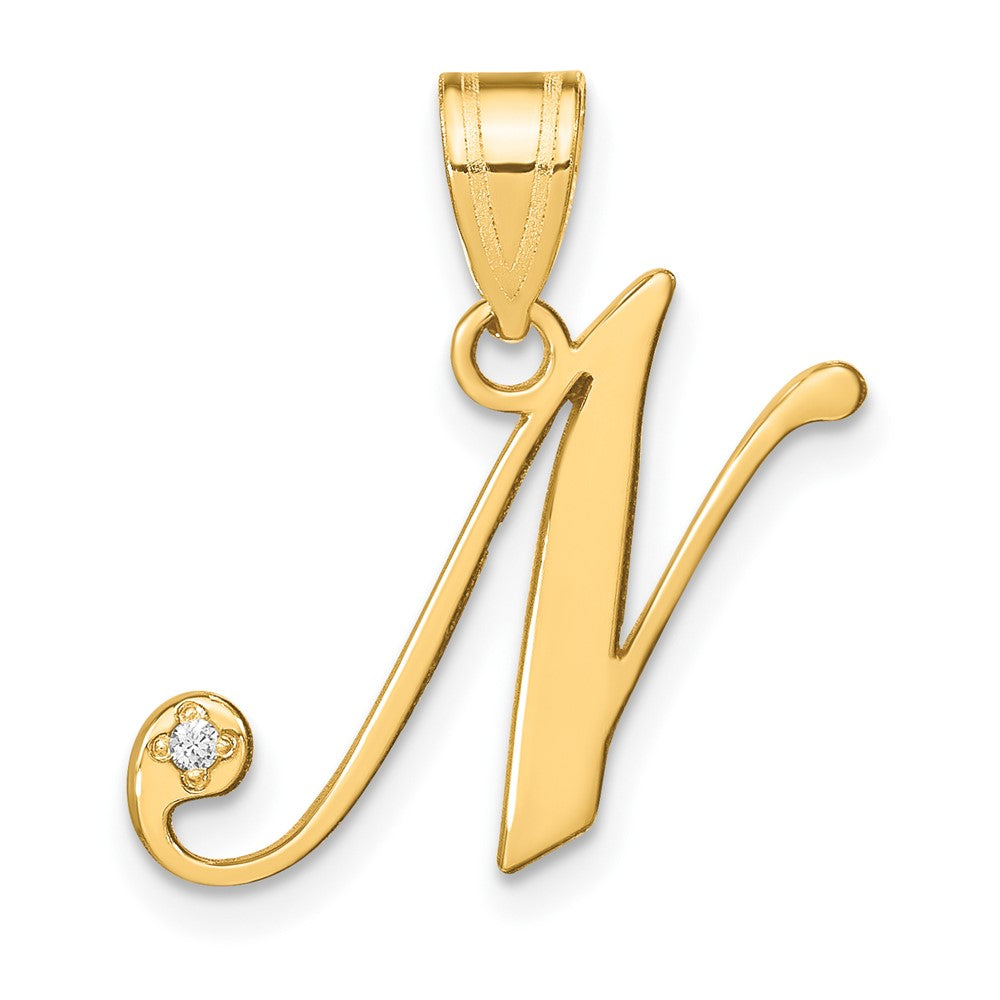14K Yellow Gold Script Letter N Initial Pendant with Diamond
