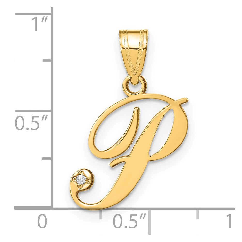14K Yellow Gold Script Letter P Initial Pendant with Diamond