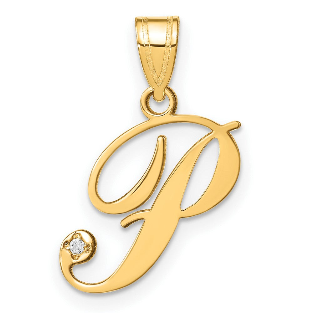 14K Yellow Gold Script Letter P Initial Pendant with Diamond