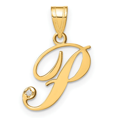 14K Yellow Gold Script Letter P Initial Pendant with Diamond
