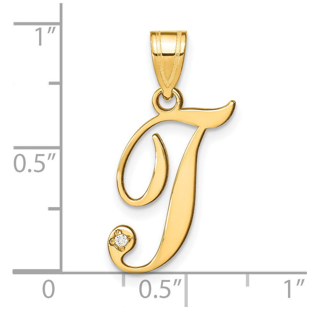 14K Yellow Gold Script Letter T Initial Pendant with Diamond