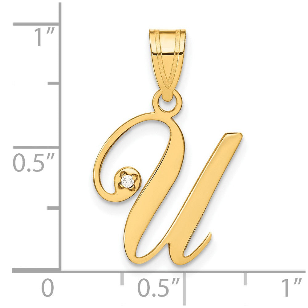 14K Yellow Gold Script Letter U Initial Pendant with Diamond